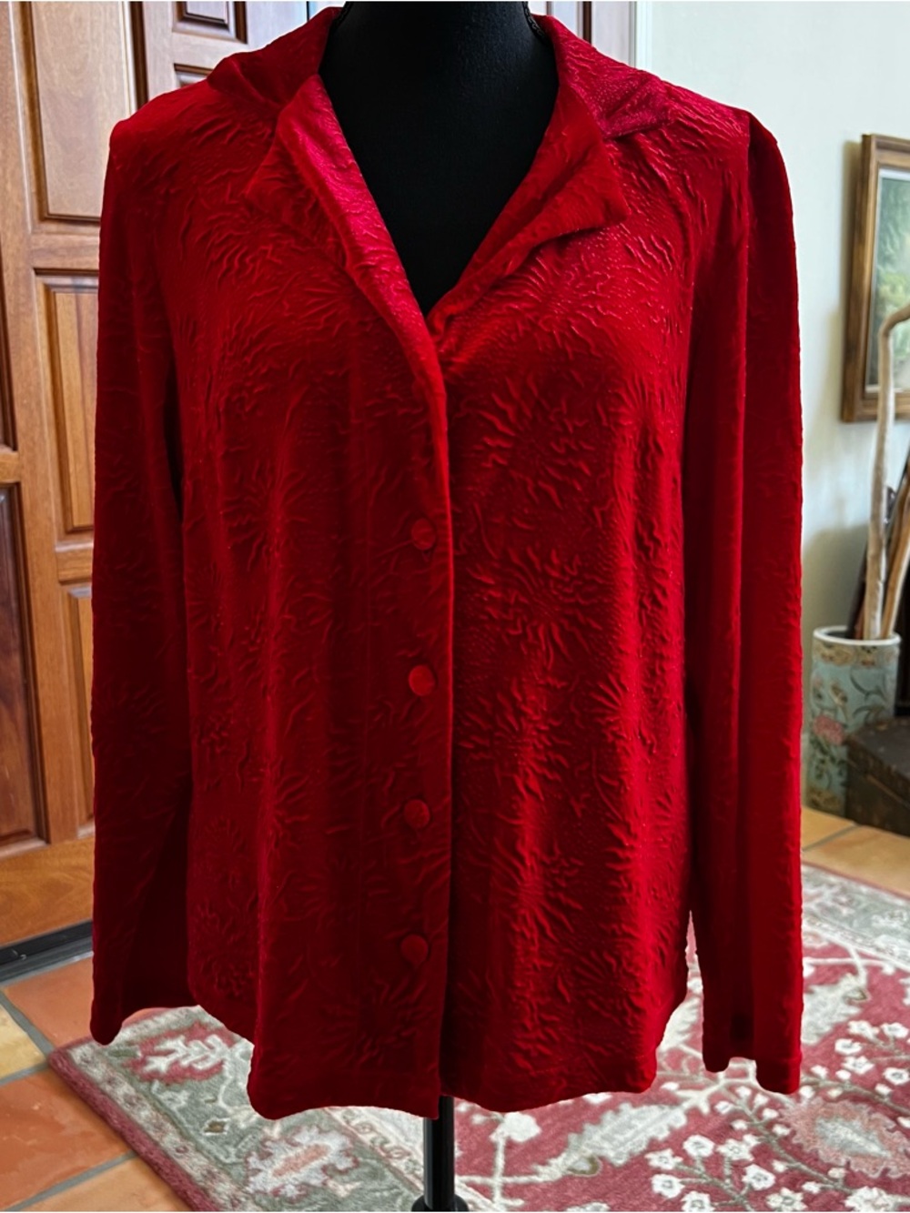 Coldwater Creek Blouse Jacket Top Size M Red Velvet Embossed Button Front